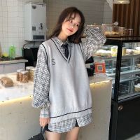 毛衣学生韩版宽松格子领带衬衫字母马甲上衣毛线衣两件套装/单件 单件灰格衬衫 S