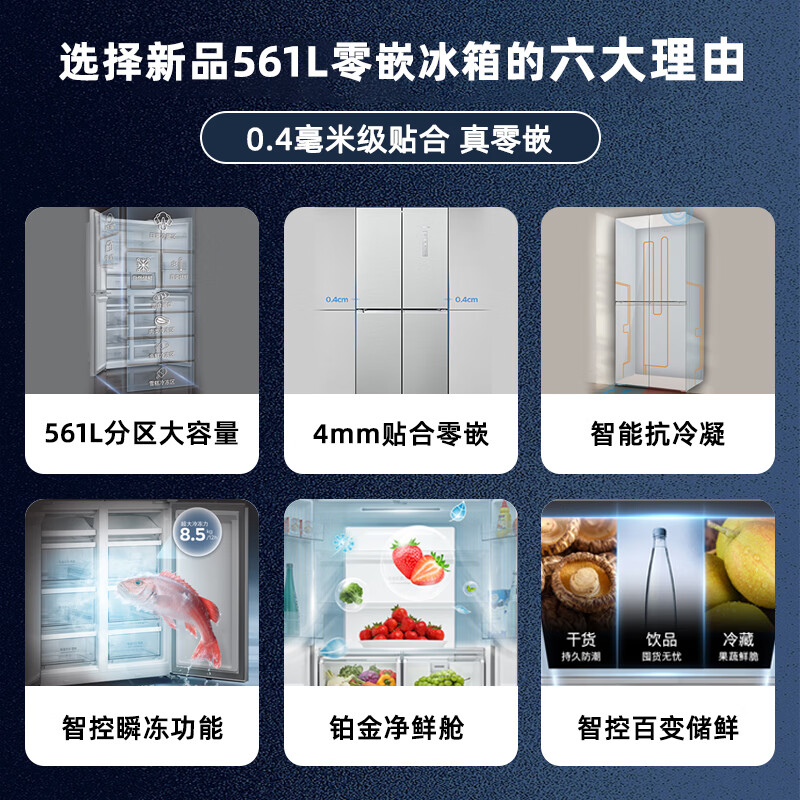 [北极光系列]西门子无界超薄零嵌561L冰立方十字开门冰箱 一级能效变频无霜 月影白 KC88BE163C高清大图