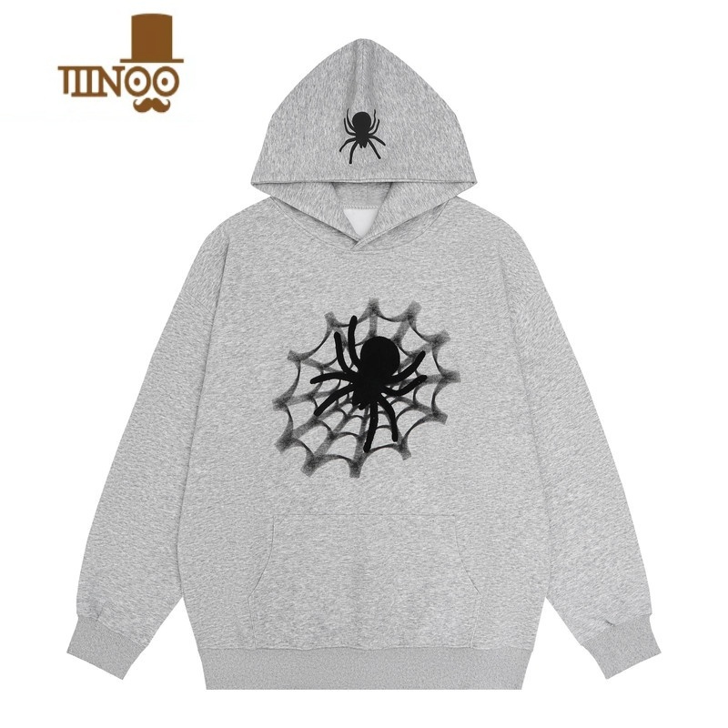 YANXUNECOYEP 2023美式复古蜘蛛印花连帽卫衣高街男女宽松休闲潮流上衣高清大图