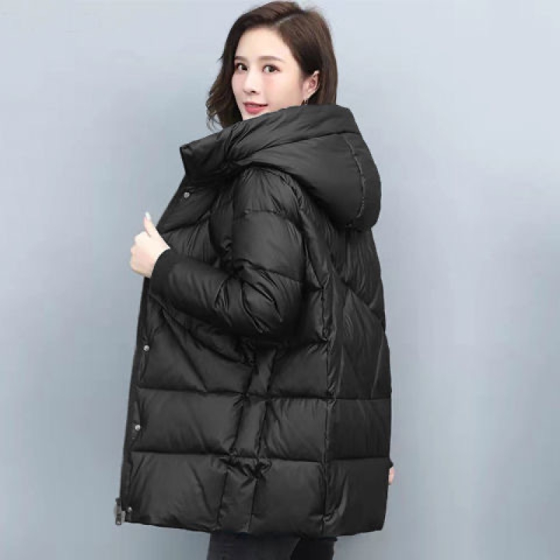 连帽棉衣女中长款冬装时尚新款加厚棉袄大码韩版保暖棉服外套 黑色 XXL