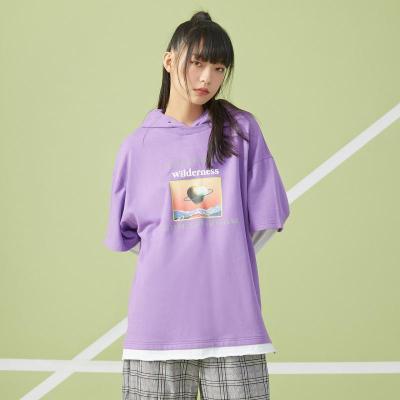 美特斯邦威假两件连帽卫衣女宽松大码秋季撞色时尚休闲