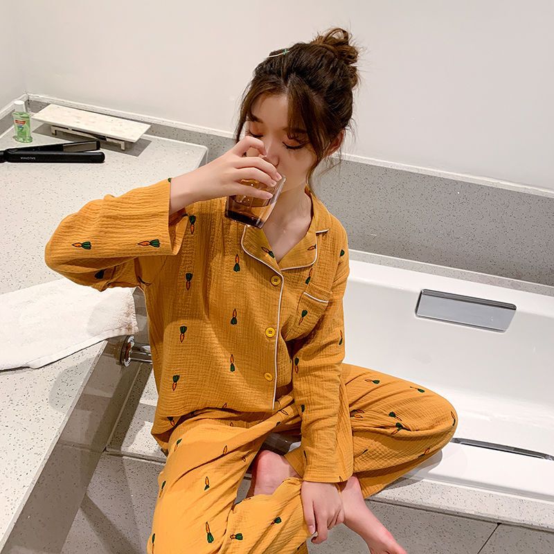波迷娜(BOMINA)胡萝卜睡衣女纯棉长袖印花开衫秋季日系可爱纱布两件套学生家居服