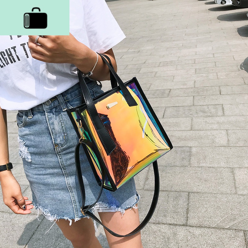 仙女包包2020夏季新款潮半透明时尚手提包镭射单肩斜挎果冻子母包NEW LAKE