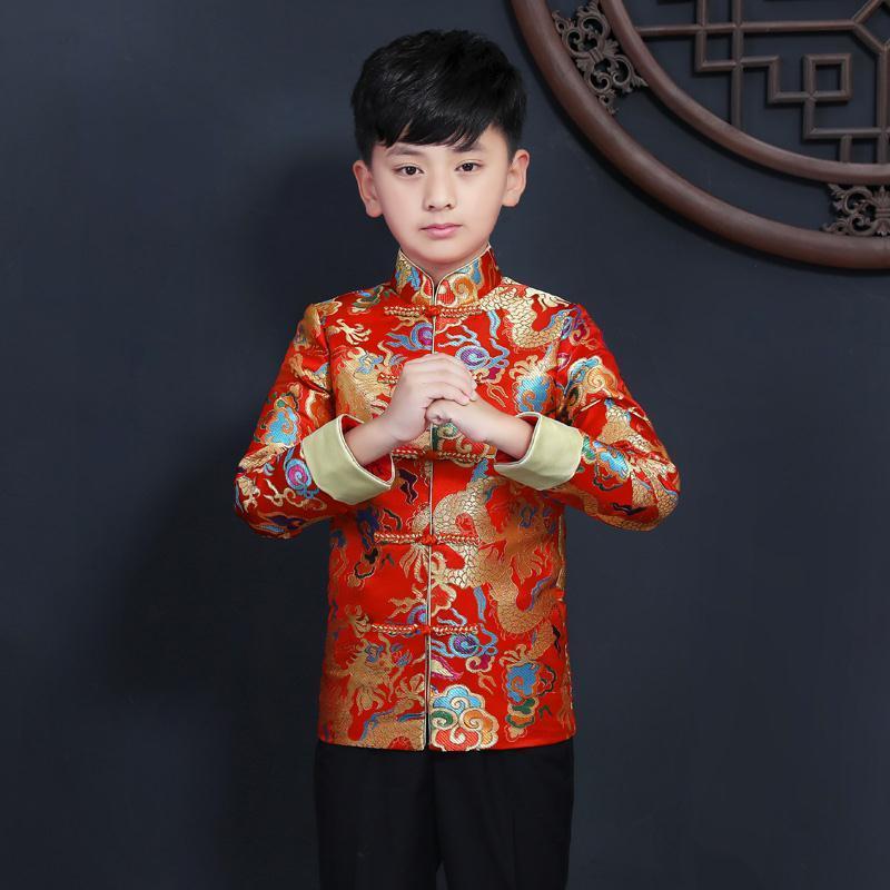 儿童公主裙唐装男童套装中国风元旦演出服中式礼服女童古装旗袍冬红色