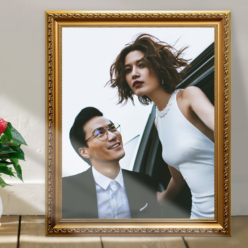 婚纱照相框挂墙24寸尺寸画框摆台欧式洗照片做成相框|5641金色+洗照片 36寸挂墙(61*91cm)