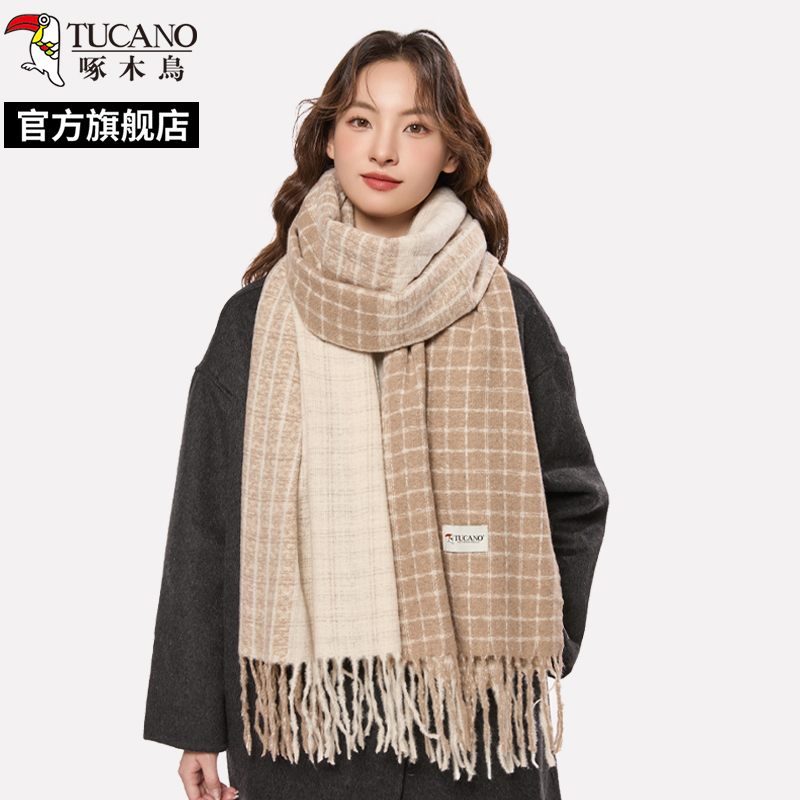 啄木鸟2024冬新款双面棕色格子围巾女保暖高级感韩版加厚保暖围面高清大图