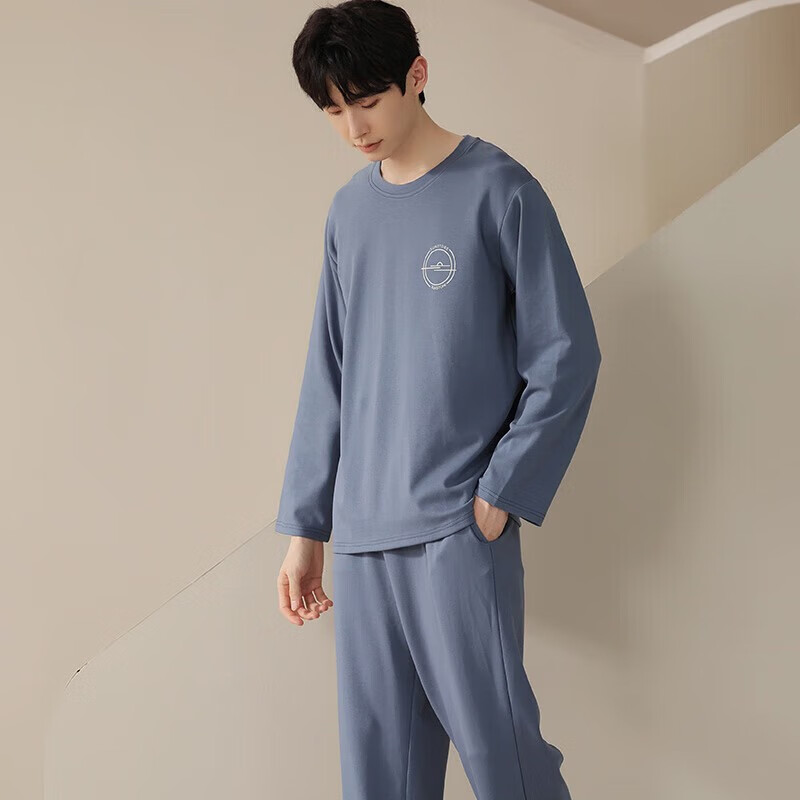 浪莎睡衣男居家休闲长袖睡衣秋季纯色可外穿宽松家居服睡裤两件套 男-XXL高清大图