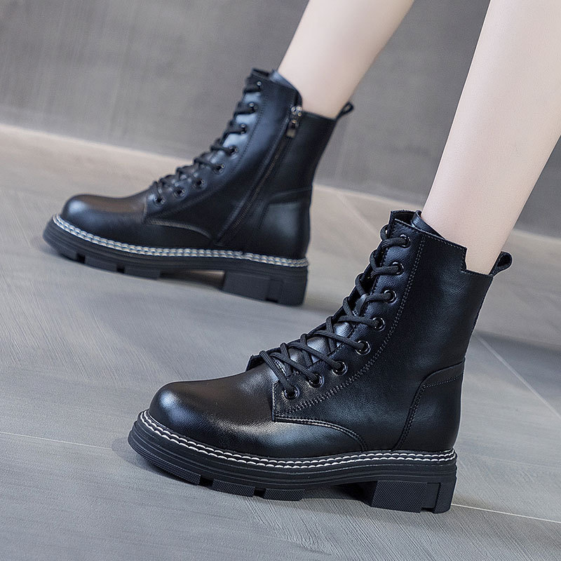 秋冬季加绒厚底真皮牛皮马丁靴女韩版系带女靴子休闲女学生鞋子 女高清大图