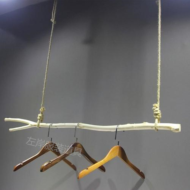 三维工匠服装店树枝展示架男女简约橱窗上墙吊顶悬挂实木棍晾衣架麻绳吊挂晾晒架 三维工 可定制尺寸,如需银色钢丝请联系客服高清大图