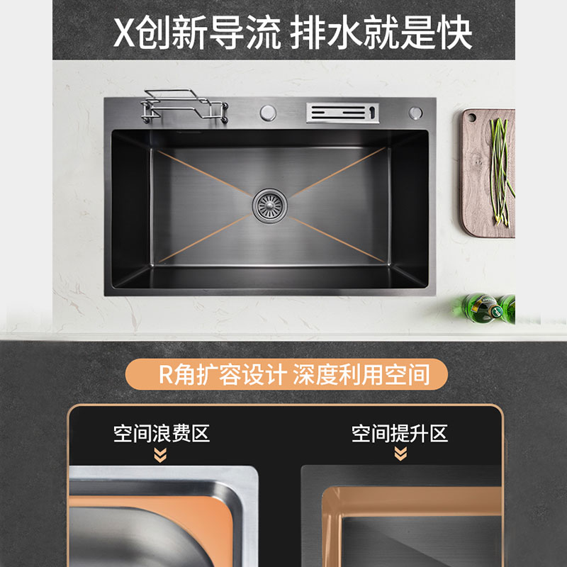 潜水艇水槽手工槽大单槽超大厨房洗菜盆枪灰水槽304不锈钢SGP-SD8048R高清大图