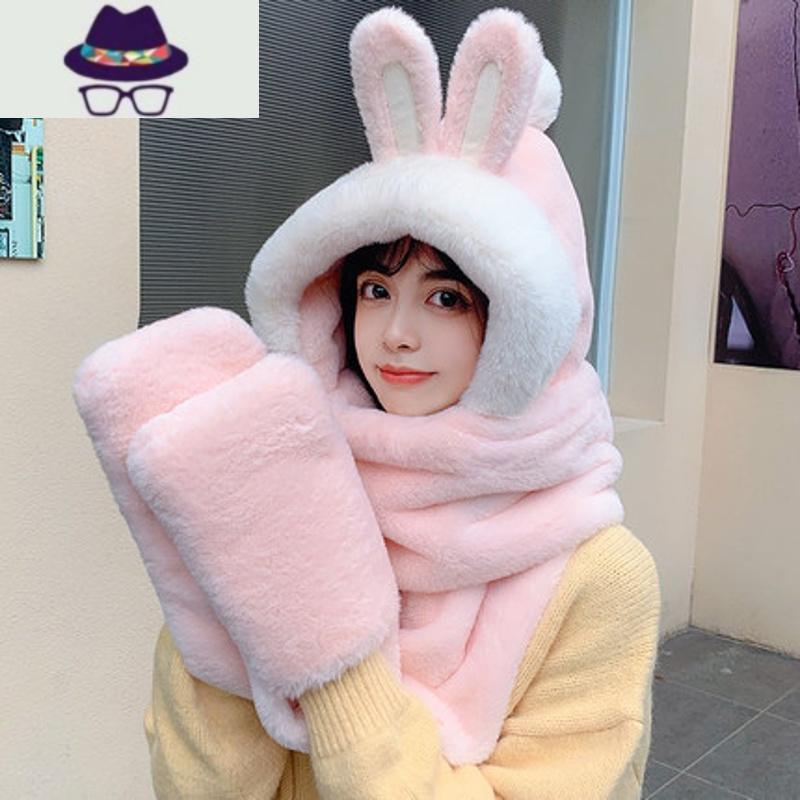 毛绒帽子围巾一体女冬可爱兔子耳朵三合一围脖秋冬季保暖三件套潮fish