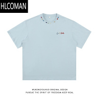 HLCOMAN美式潮牌刺绣设计感短袖T恤男夏季复古宽松式袖男松 3XL 雾霾蓝