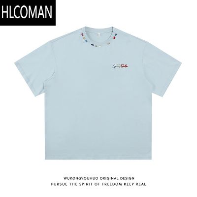 HLCOMAN美式潮牌刺绣设计感短袖T恤男夏季复古宽松式袖男松 3XL 雾霾蓝
