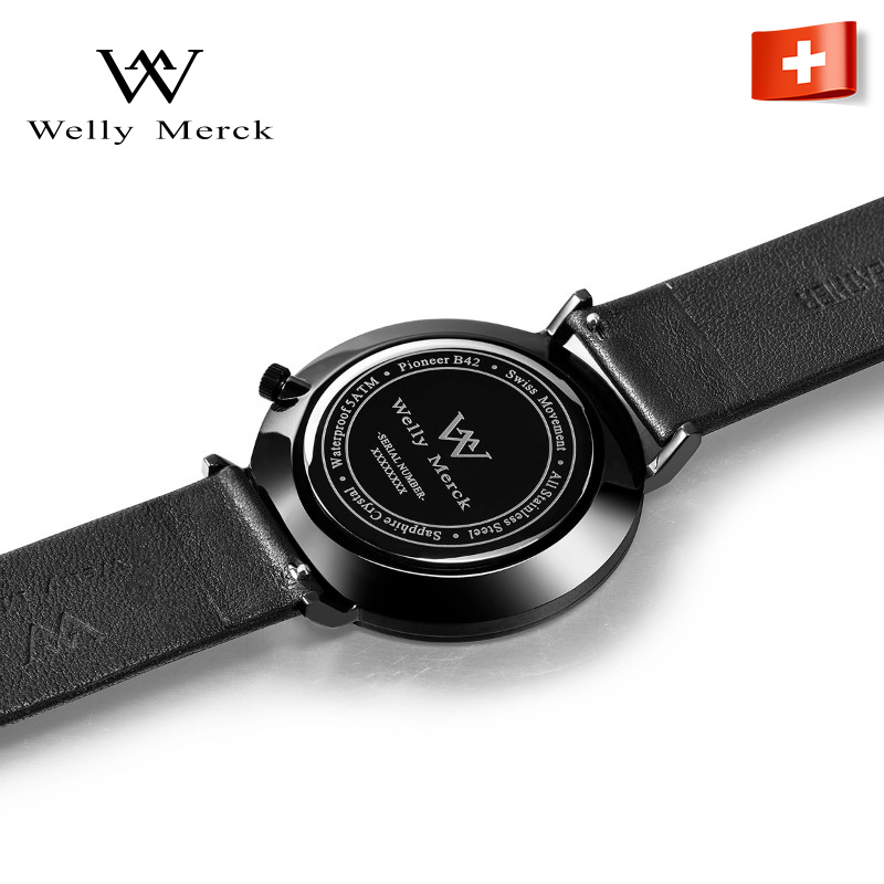 wellymerckc时尚潮流超薄夜光防水石英男表黑壳黑面黑皮带wm004ml1bbl