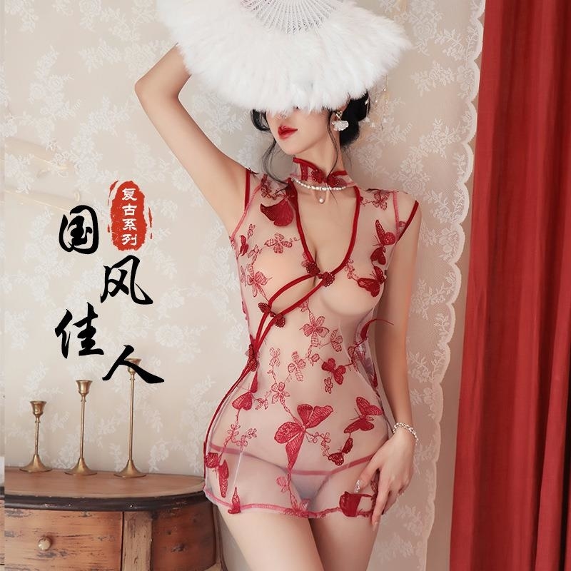 长夜漫漫情趣内衣性感透视睡裙诱惑复古镂空绣花旗袍制服诱惑1809高清大图