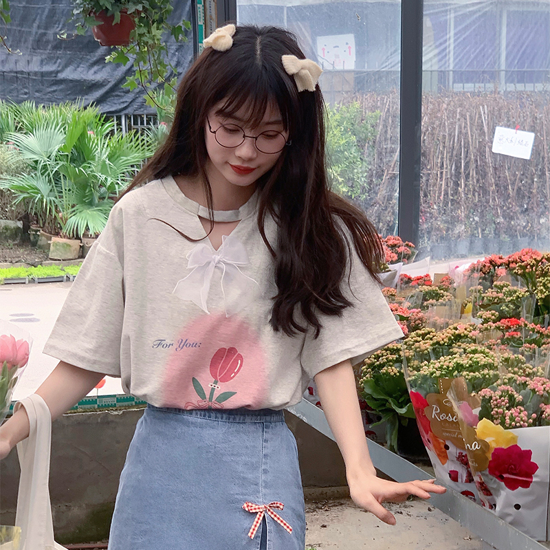 秋壳少女腮红短袖t恤女夏新款甜美可爱印花蕾丝蝴蝶结学生上衣ins