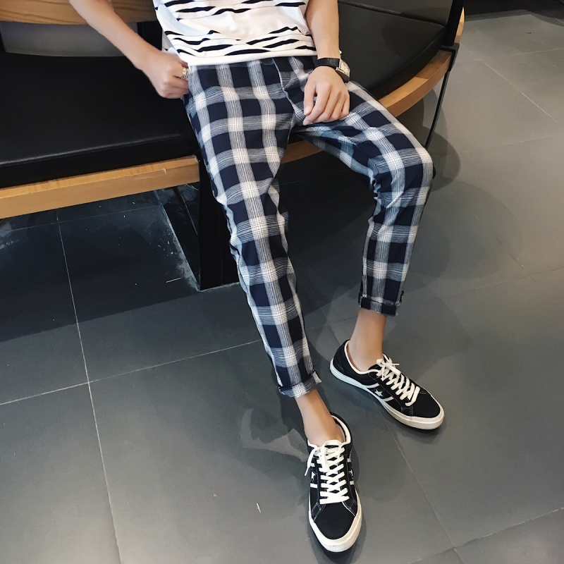 2018夏款裤子男韩版时尚九分裤宽松薄款男士休闲裤格子9分小脚裤