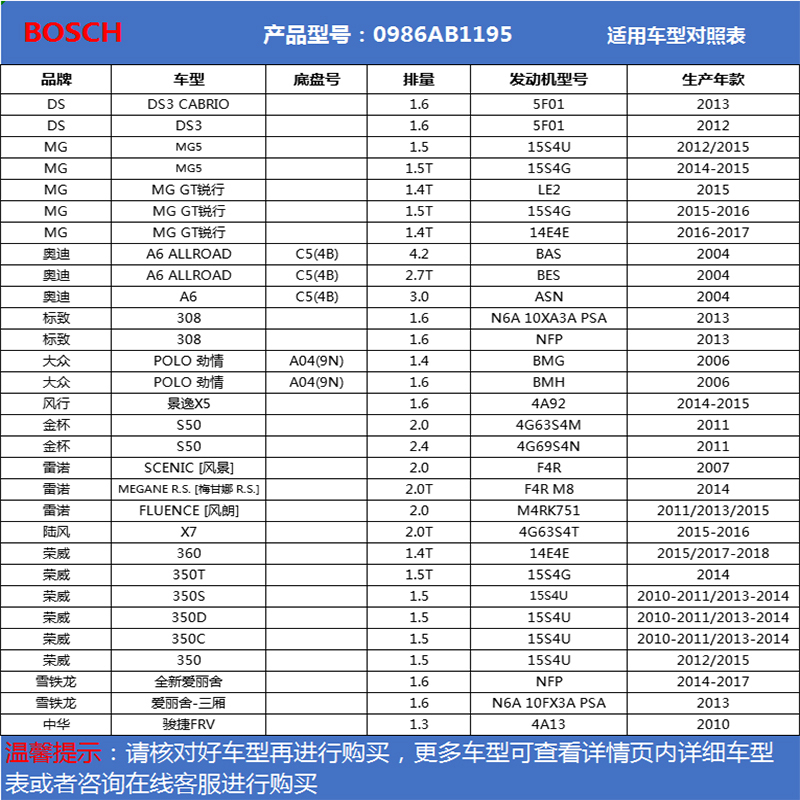博世(BOSCH)刹车片后片适用于大众POLO/高尔夫/奥迪A4/奥迪A6/荣威 0986AB1195/1178