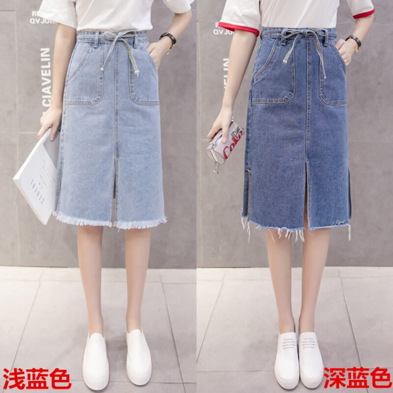 夏季牛仔裙女显瘦韩版系腰带开叉高腰A字牛仔半身裙一步中长裙子