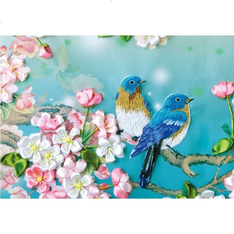 丝带绣新款倾心蜜语3D彩印花立体非十字秀鸟语花香客厅挂画 送节绣绷+剪刀+备用针