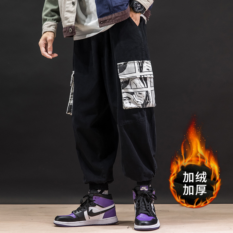 YUANSU港风工装休闲裤男士秋冬宽松加绒加厚动漫印花束脚裤胖子大码韩版休闲裤