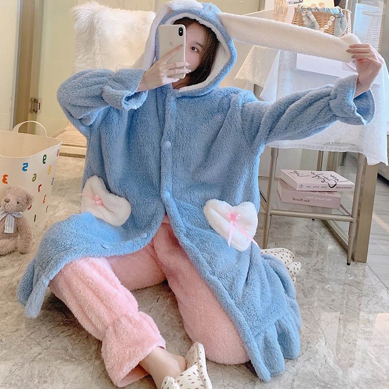 秋冬季珊瑚绒睡袍女长款星小兔子睡衣加厚加绒卡通长毛绒家居服套装dx