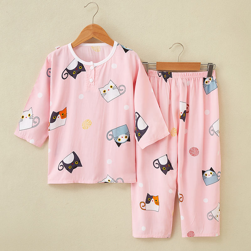 夏季绵绸儿童睡衣套装纯棉绸大童男童女童小孩宝宝睡衣薄款家居服