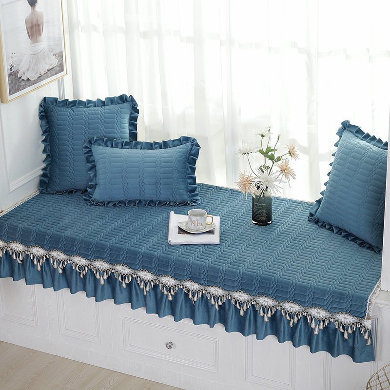 汐岩窗户榻榻米飘窗垫窗台垫欧式阳台飘窗垫可机洗榻榻米垫子飘窗毯 暖光裙摆-湖蓝色70+18*150cm