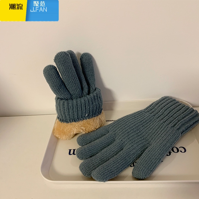 聚范馨帮帮针织毛线分指手套学生爱心加绒加厚保暖骑行情侣手套女冬季