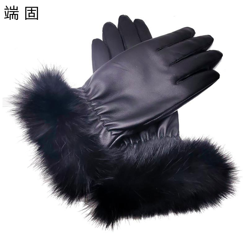 端固兔毛防寒羊皮手套D40T/副高清大图