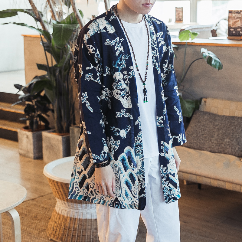春季中国风风衣男中长款改良汉服男开衫棉麻外套大码宽松古风男装