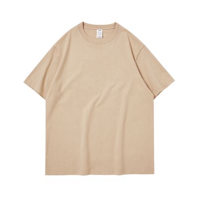 重磅纯棉白色宽松短袖t恤男女同款情侣装夏季圆领纯色打底衫长袖体恤潮 【短袖100%纯棉】卡其色 XXXXL