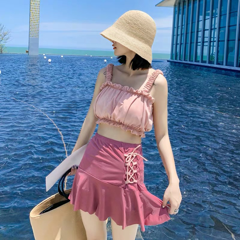 泳衣保守遮肚显瘦分体韩国小香风学生游泳衣温泉少女泳装清新