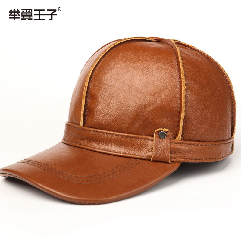 举翼王子(wuwing)秋冬季保暖牛皮帽子中老年户外夹棉带护耳真皮韩版皮
