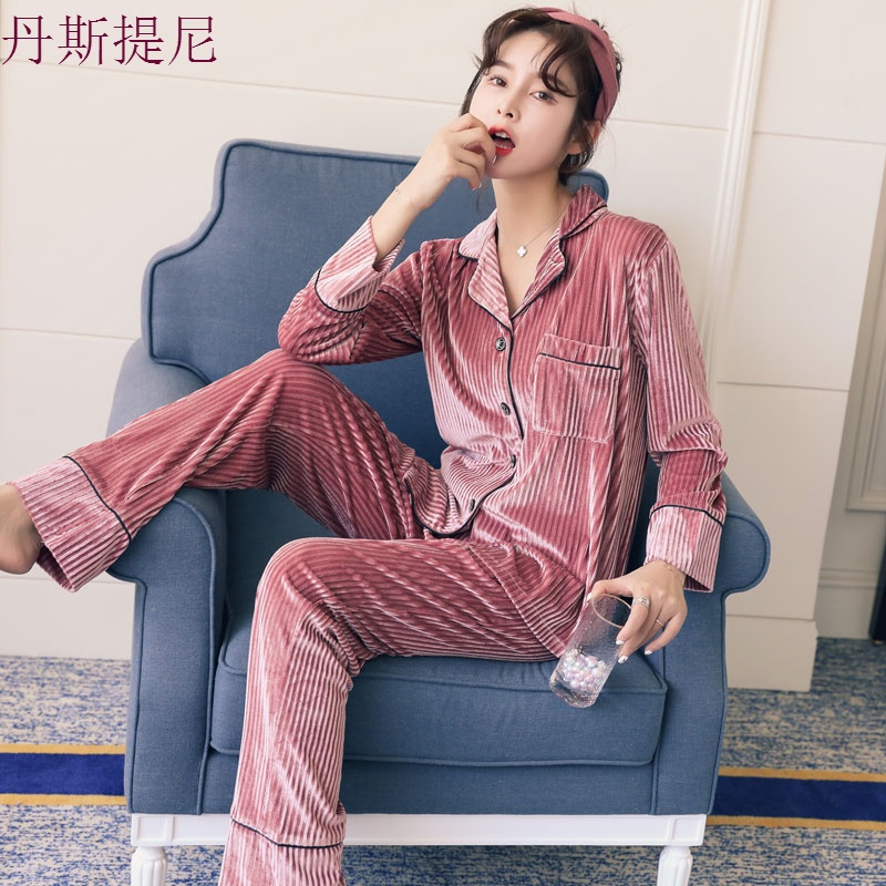秋冬季金丝绒睡衣女长袖甜美性感公主薄款珊瑚绒家居服套装可外穿