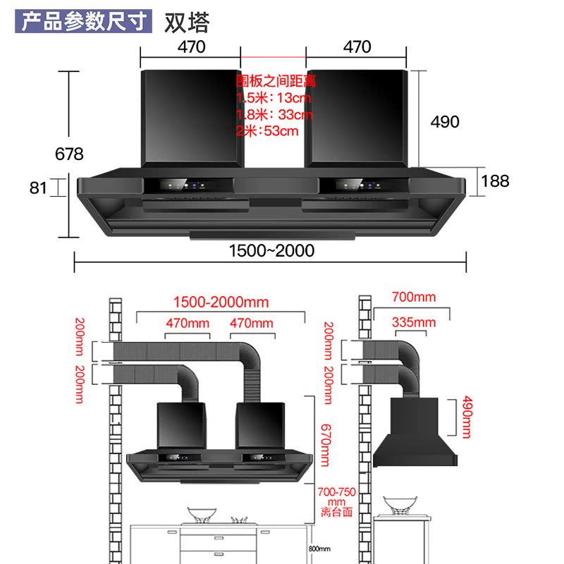 [2400W免清洗]呼好太太商用抽油烟机大吸力塔型顶吸式饭店员工食堂农村土灶柴火灶排烟机吸油机双机头黑色1.5米上门安装图片
