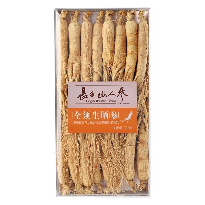 长白山人参生晒参参味浓郁皮老纹深参须茂密亚克力盒300g