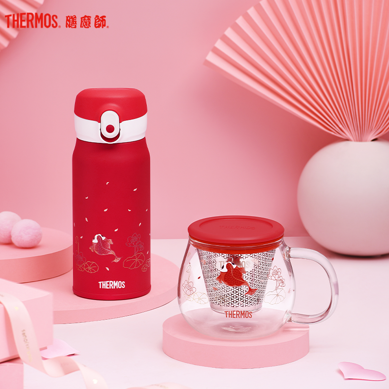 膳魔师,膳魔師(THERMOS)玻璃杯 TCGH-440-S-RD(LUCK)锦鲤系列玻璃花茶杯 440ml 通用