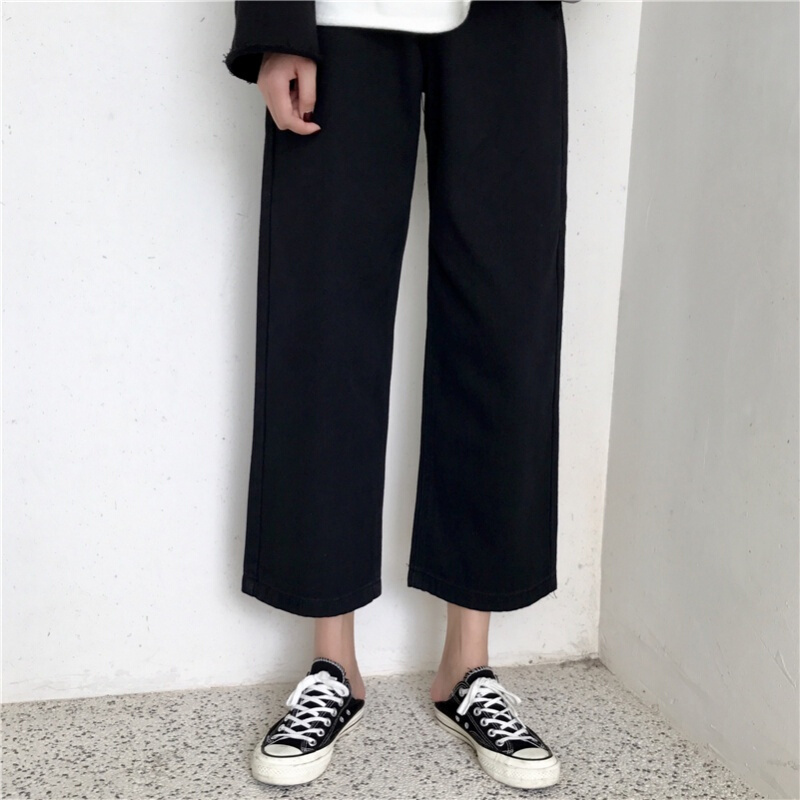 春装女装新款韩版高腰宽松阔腿裤百搭显瘦牛仔裤九分裤长裤学生潮
