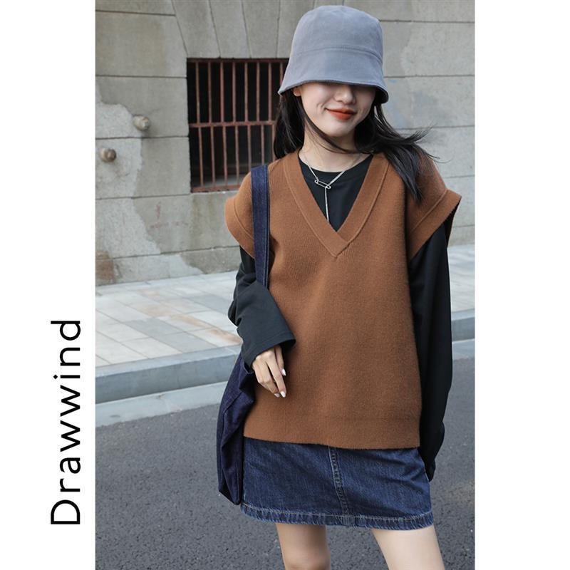 画风马甲背心外套女v领宽松百搭外穿纯色竖纹针织马夹女