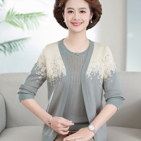 春秋新款中老年妈妈装针织衫真两件套装宽松上衣时尚中年女装毛衣