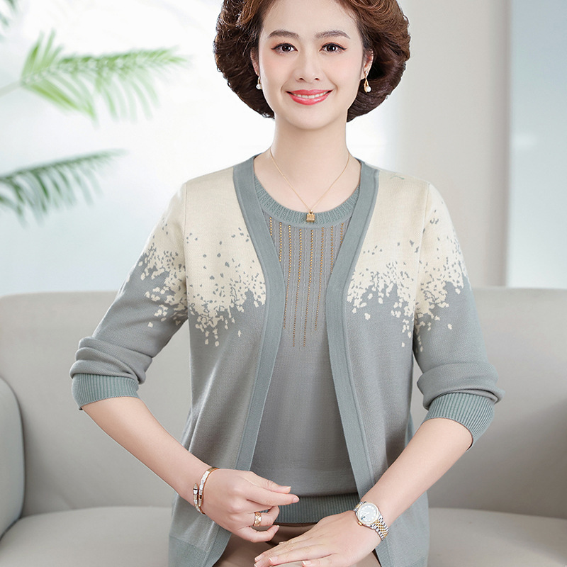 春秋新款中老年妈妈装针织衫真两件套装宽松上衣时尚中年女装毛衣