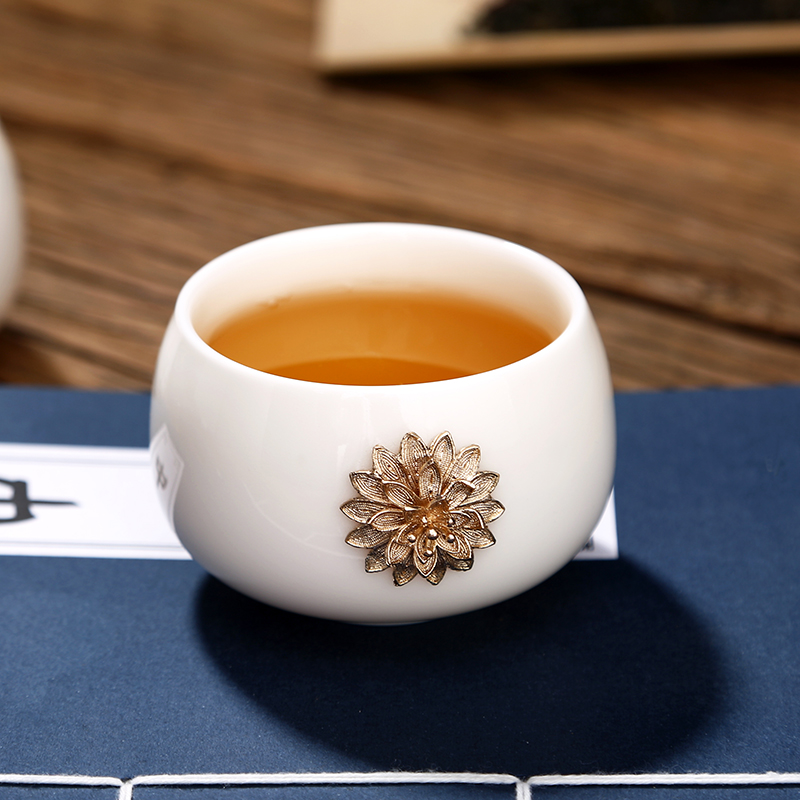 常生源 茶杯 镶银 白瓷 情侣杯 办公泡茶杯 带礼盒 同心花语对杯高清大图