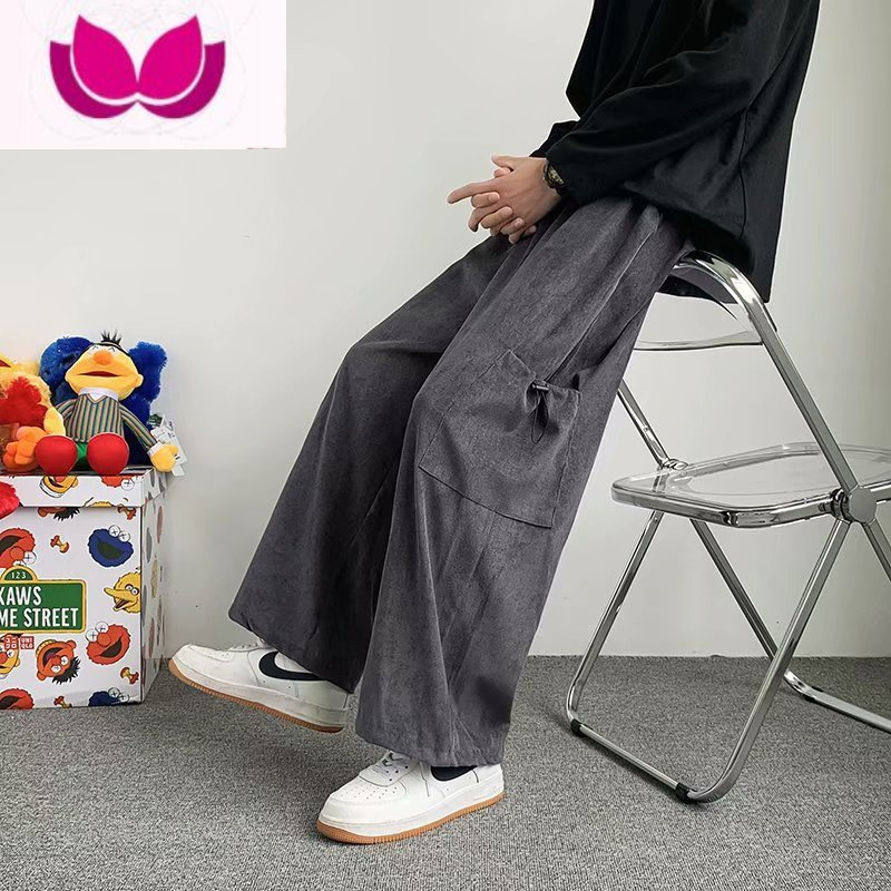 七斓垂感复古原宿风加绒裤潮流阔腿裤男日系直筒工装裤宽松休闲裤子潮
