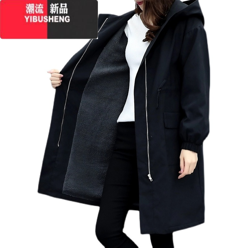 加绒棉衣女中长款2022冬季韩版宽松加厚连帽大码黑色棉服棉袄外套