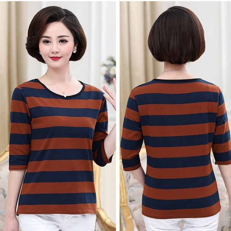 纯棉妈妈夏装上衣中年女装条纹针织t恤中老年宽松高含棉中袖t恤