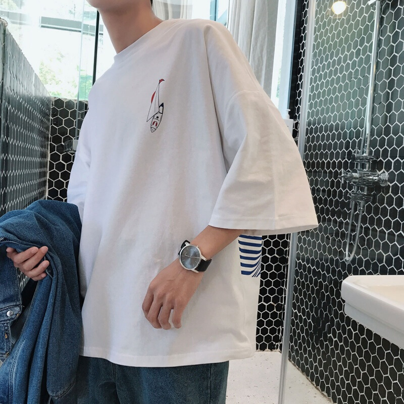 2018新款短袖男士T恤条纹圆领港风情侣夏装宽松学生衣服夏季体恤