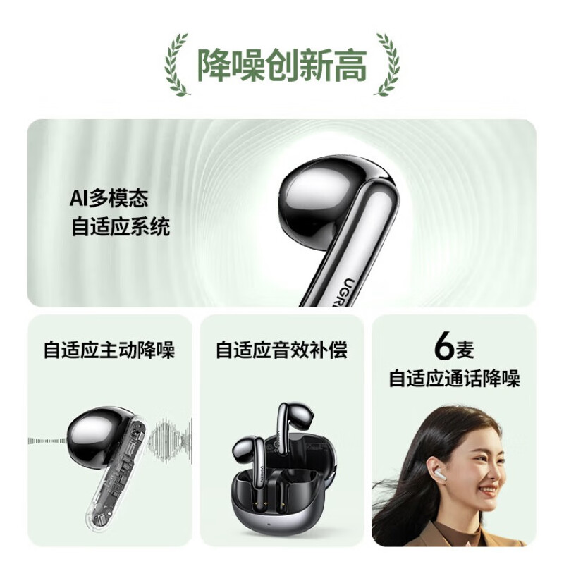 绿联5.3 HiTune H6 Pro主动降噪真无线蓝牙耳机 银灰色 WS203/35194 (货期3-6天)高清大图