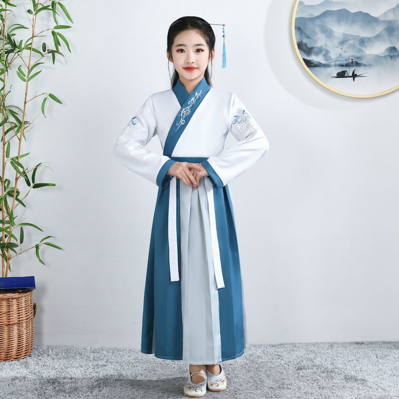 儿童汉服女学生古装国学服男童汉服六一演出服中国风书童表演服装 湖蓝拼接款直袖女 (男女同款) 90