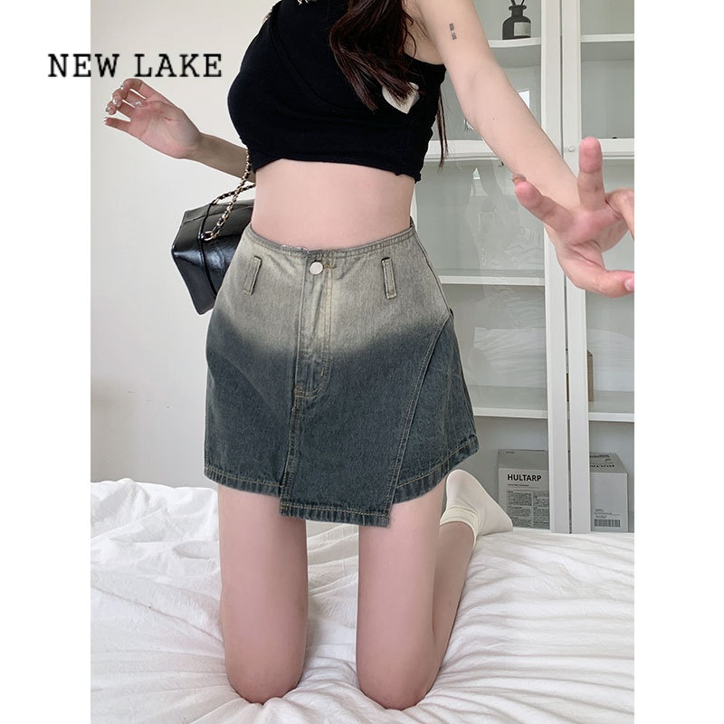 NEW LAKE渐变设计感高腰牛仔半身裙裤女大码胖mm夏季显瘦a字直筒阔腿短裤